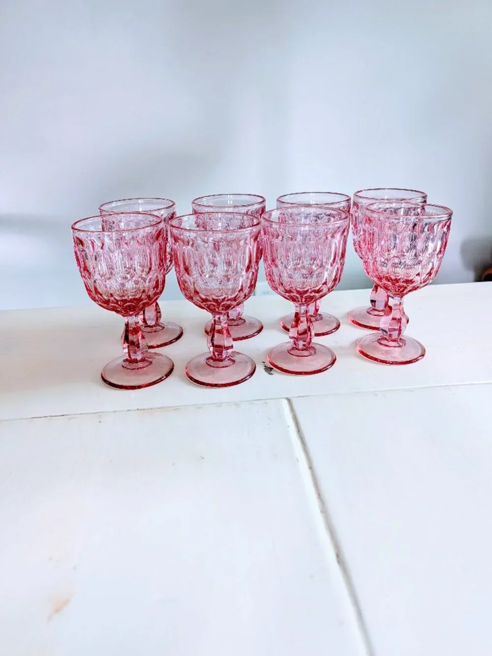 VTG Set of 8 Fenton Colonial Pink Thumbprint Goblets 6.5